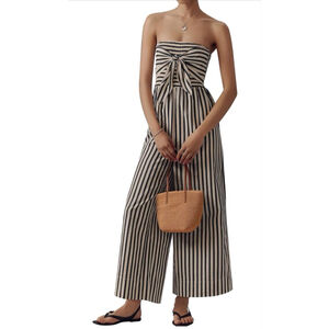 NEW Strapless Striped Smocked Vacation Pockets Jumpsuits M